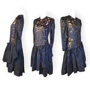 VTG 80s Black Floral Velvet Satin Bow  Long Sleeve Prom Dress *Fits like Small
